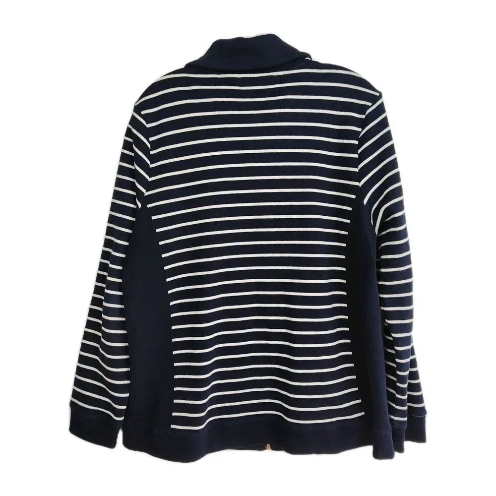 Lauren Ralph Lauren Full-Zip Women's Sweater Jacket, 1X, Navy‎ w/ White Stripes